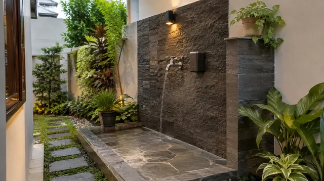 7 Desain Tempat Wudhu di Samping Rumah dengan Lantai Batu Bertekstur, Jadikan Inspirasi