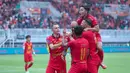 Para pemain Persija Jakarta merayakan kemenangan atas Persik Kediri pada pekan ke-12 BRI Liga 1 di Stadion Pakansari, Kabupaten Bogor,  Minggu (1/12/2024) sore WIB. (Bola.com/M Iqbal Ichsan)