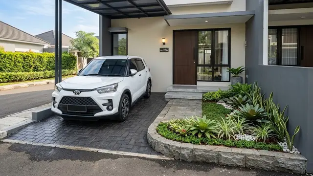 Desain Halaman Depan 3x4 Meter dengan Carport dan Taman Mini