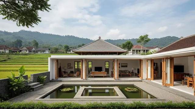 Rumah Desa Kombinasi Modern Jawa dengan Pendopo Minimalis dan Kolam Ikan