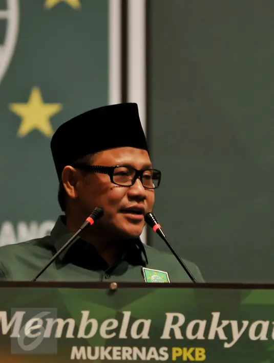 Ketua Umum PKB Muhaimin Iskandar saat memberikan arahan kepada kader PKB di JCC, Jakarta, Jumat (5/2/2016). Pemberian arahan ini adalah rangkaian Mukernas PKB yang akan dibuka nanti malam oleh Presiden RI Joko Widodo. (Liputan6.com/Johan Tallo)