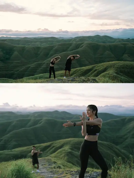 Berlatarkan keindahan alam di Sumba, keduanya pun kompak tampil dengan outfit sporty. [Foto: IG/olivia.mci8].