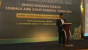 Wakil Ketua Umum MUI, KH Marsudi Syuhud, saat membuka Muntada Sanawi Dewan Pengawas Syariah Lembaga Amil Zakat (DPS LAZ) 2023 di Hotel JS Luwansa, Kuningan, Jakarta Selatan, Rabu (1/11/2023) (Istimewa)