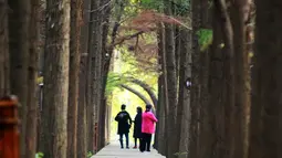 Sejumlah wisatawan mengunjungi taman lahan basah Qingshuitan di Gaoyou di Kota Yangzhou, Provinsi Jiangsu, China timur, pada 16 November 2020. (Xinhua/Meng Delong)
