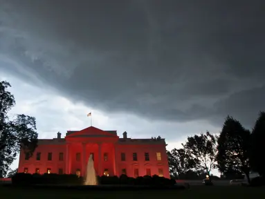 Gedung Putih dihiasi cahaya warna pink sebagai tanda dukungan atas kewaspadaan bahaya kanker payudara, Washington, Jumat (9/10/2015). Tiap tahunnya di bulan Oktober, ditetapkan sebagai bulan kewaspadaan atas kanker payudara. (REUTERS/Yuri Gripas)