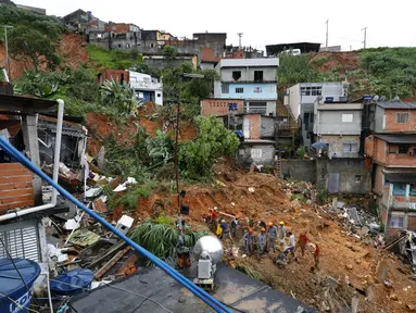 Petugas pemadam kebakaran mencari orang-orang di puing-puing daerah perumahan setelah hujan lebat memicu tanah longsor di Franco da Rocha, Sao Paulo, Brasil, Senin (31/1/2022). Tanah longsor dan banjir yang disebabkan oleh hujan lebat telah menewaskan puluhan orang. (AP Photo/Marcelo Chello)