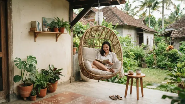 Desain Outdoor Lounge Konsep Japandi untuk Rumah Kecil, Cara Maksimalkan Ruang dan Fungsinya Model Penggunaan Kursi Gantung pada Area Terbatas
