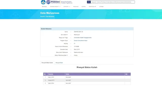 Data Mahasiswa dan Riwayat Status Kuliah Zhafira Devi Liestiatmaja