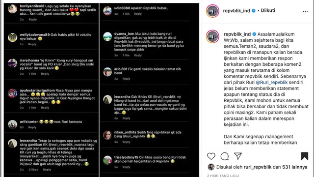 Simpang Siur Status Ruri Wantogia, Repvblik Band Beri Tanggapan Resmi