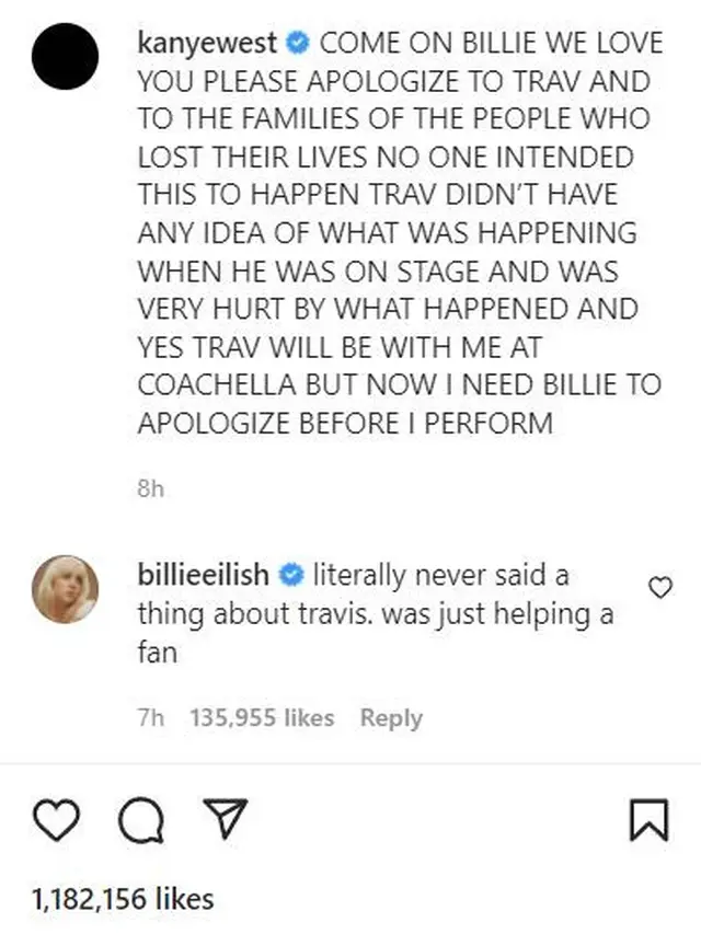 Interaksi Kanye West - Billie Eilish. (tangkapan layar Instagram/ kanyewest)
