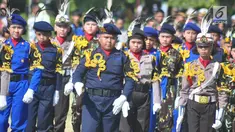 Polisi Cilik memeriahkan kirab defile perayaan HUT ke-73 Bhayangkara di kawasan Simpang Lima Semarang, Rabu (10/7/2019). Kirab defile itu menampilkan aeromodeling, polisi cilik, seni bela diri, drum band, barongsari, kesenian Jateng, komunitas,dan Ormas. (Liputan6.com/Gholib)