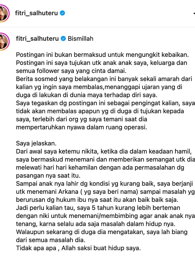 Unggahan Fitri Salhuteru. (Foto: Dok. Instagram @fitri_salhuteru)