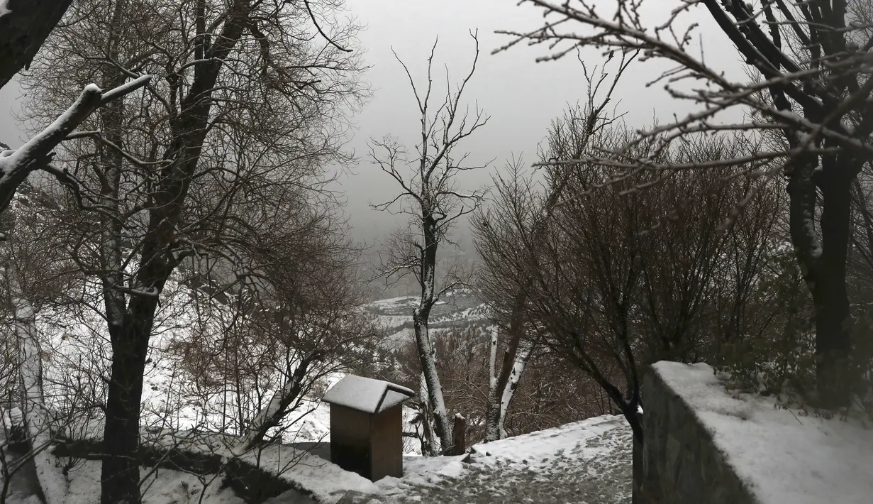 Salju memutihkan daerah pegunungan yang menghadap ke ibukota Teheran saat Matahari terbenam, Iran (18/12/2021). (AP Photo/Vahid Salemi)
