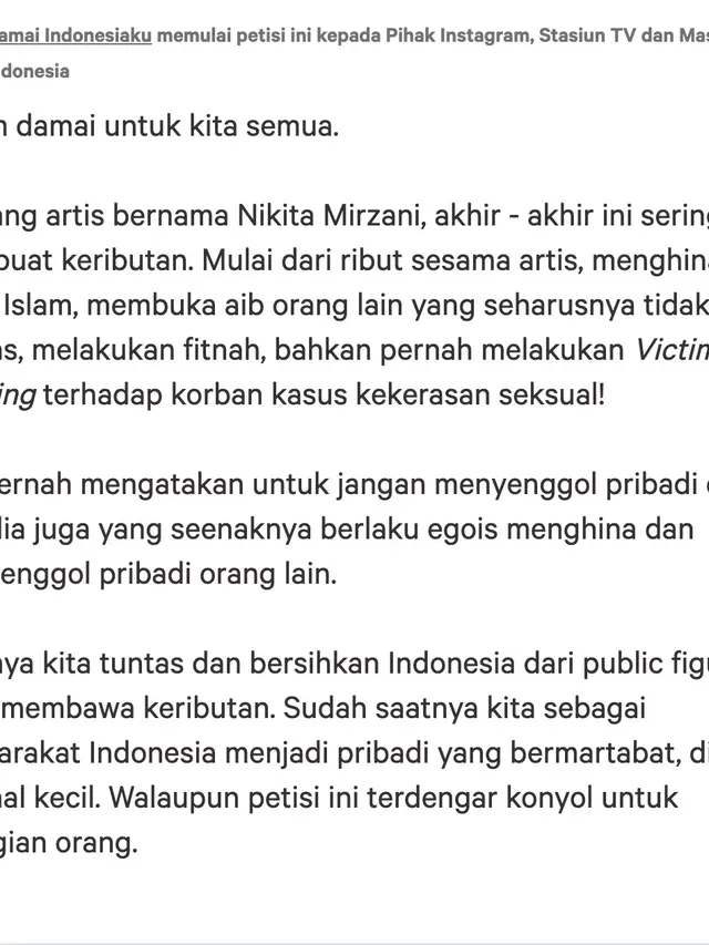 Pengantar petisi Boikot Nikita Mirzani. (Foto: Dok. Change.org)