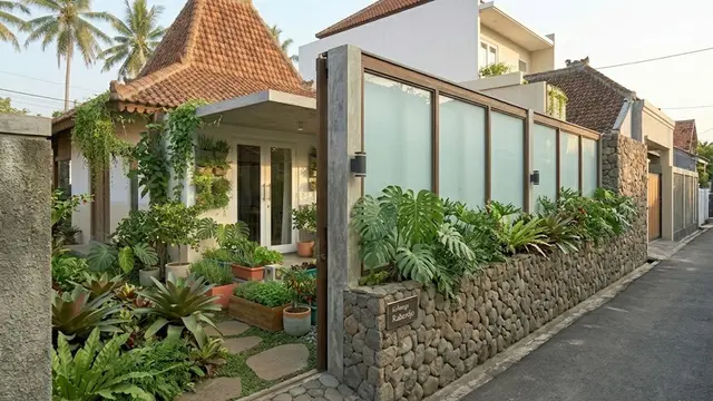 Pagar Batu Alam Masif dengan Kaca Buram di Bagian Atas