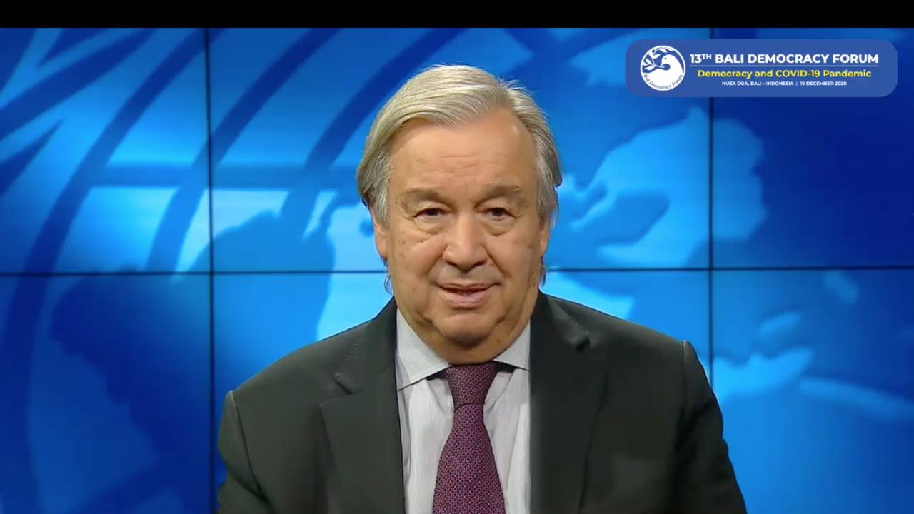Sekjen PBB, Antonio Gutteres dalam sambutan pembukaan di acara Bali Democracy Forum secara virtual pada Kamis (10/12/2020).