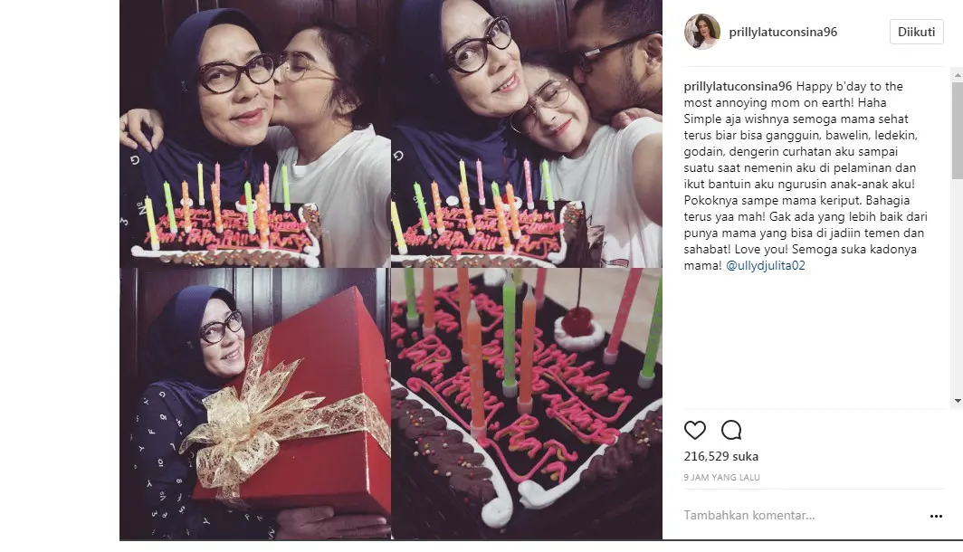 Prilly Latuconsina beri kejutan di hari ulang tahun ibundanya (Foto: Instagram)