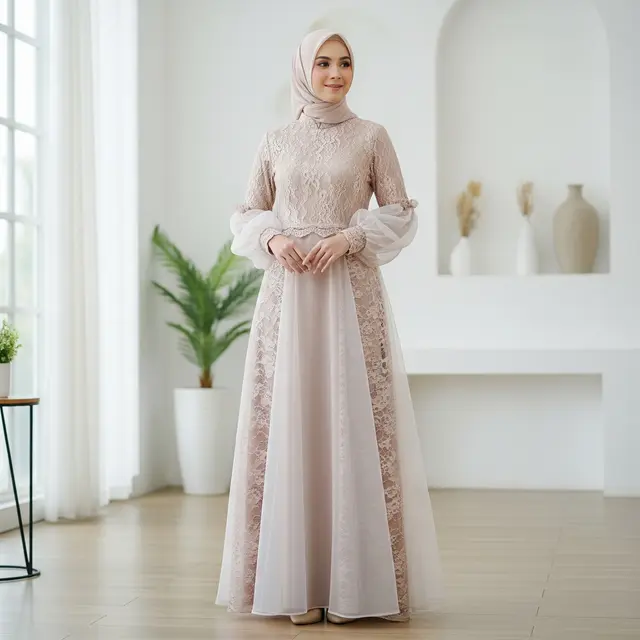 9 Model Gamis Kombinasi Brokat Organza, Pilihan Anggun dan Glamor