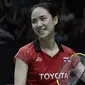 Tunggal putri Thailand, Jindapol Nitchaon, tersenyum saat melawan tunggal China pada Indonesia Masters 2019 di Istora Senayan, Jakarta, Kamis (24/1). Jindapol gagal lolos ke perempat final. (Bola.com/M. Iqbal Ichsan)