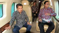 Wakil Presiden Jusuf Kalla (JK) berbincang dengan Gubernur DKI Jakarta Anies Baswedan saat meninjau sejumlah titik kemacetan menggunakan Helikopter Super Puma dari lapangan helipad, Monas, Jakarta, Senin (28/1). (Liputan6.com/HO/TIM MEDIA WAPRES)