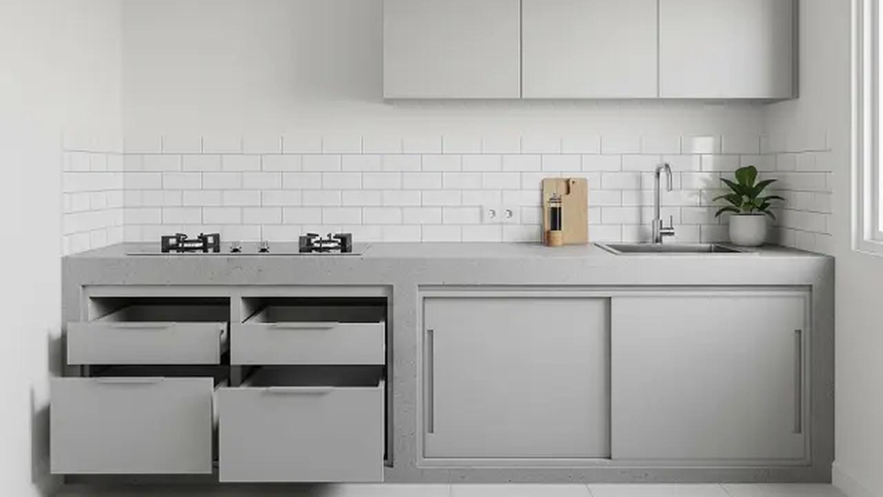 Dapur dengan Konsep Hidden Storage (Penyimpanan Tersembunyi)/Dapur Rumah Type 21 Ukuran 1,5x2 meter dengan Kompor Tanam dan Meja Cor (Sumber: gemini.com)