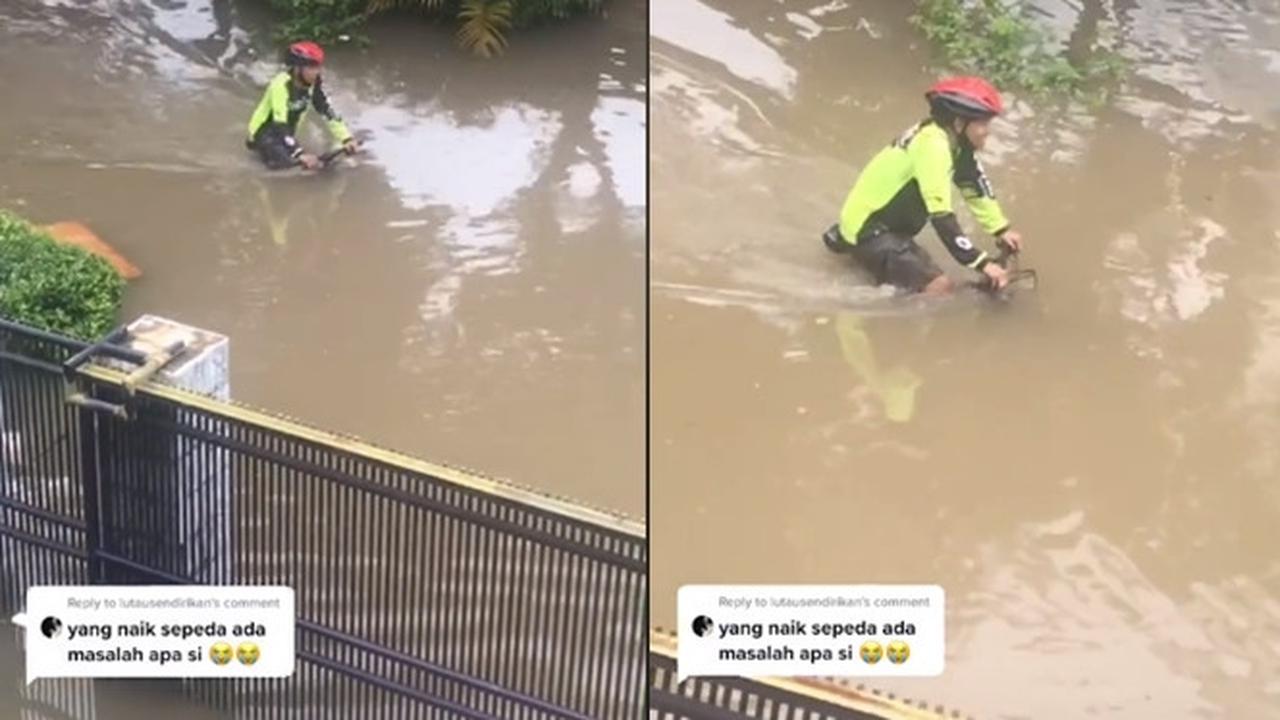 Aksi Pria Naik Sepeda saat Banjir Ini Kocak Sekaligus Bikin Geleng Kepala