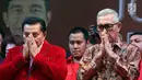 AM Hendropriyono bersama Try Soetrisno saat deklarasi dukungan untuk Jokowi maju di Pilpres 2019, Jakarta, Senin (12/6). PKPI menilai Jokowi berhasil menerapkan pembangunan dengan kebijakan Indonesiasentris.‎ (Liputan6.com/Johan Tallo)