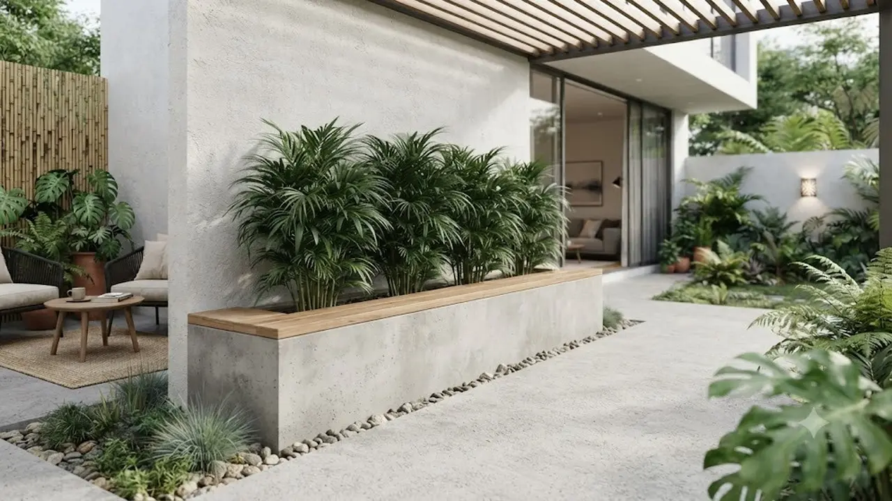 Inspirasi Planter Box Permanen untuk Palem Mini di Teras Minimalis (AI Generated)