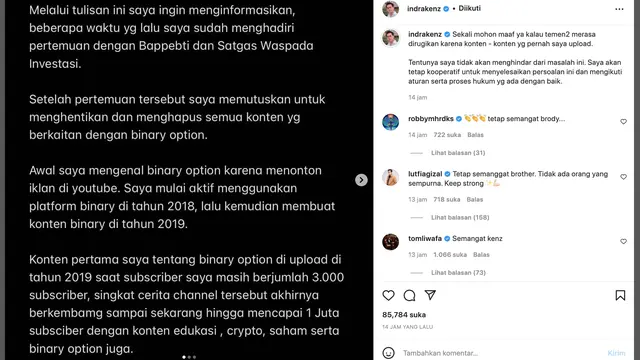 Unggahan Indra Kesuma alias Indra Kenz. (Foto: Dok. Instagram @indrakenz)