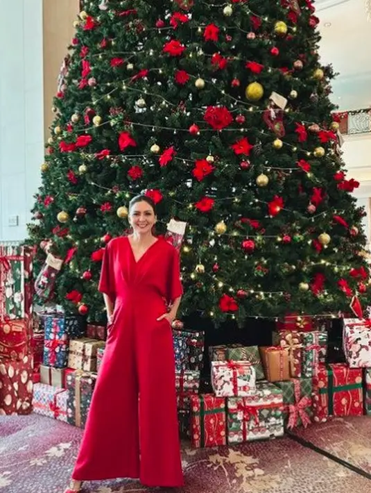 Terakhir ada Donna Agnesia, yang tampak awet muda. Selain foto bareng keluarga, ia juga pose sendirian dengan jumpsuit merah yang minimalis tapi kece. [Instagram.com/dagnesia]