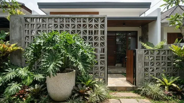 Ide Halaman Rumah dengan Roster Beton dan Philodendron