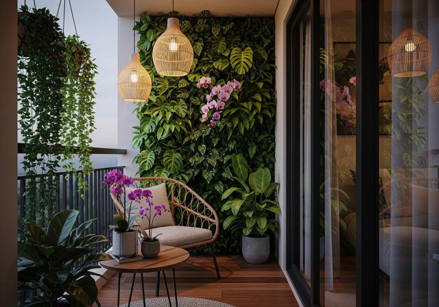 Oase Balkon: Ruang Relaksasi dengan Tanaman Gantung/Inspirasi Teras Sempit di Perkotaan dengan Konsep Hijau Vertikal (Sumber: gemini.com)