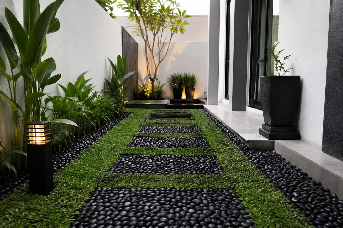 Inspirasi Kombinasi Batu Koral dan Rumput untuk Taman Minimalis