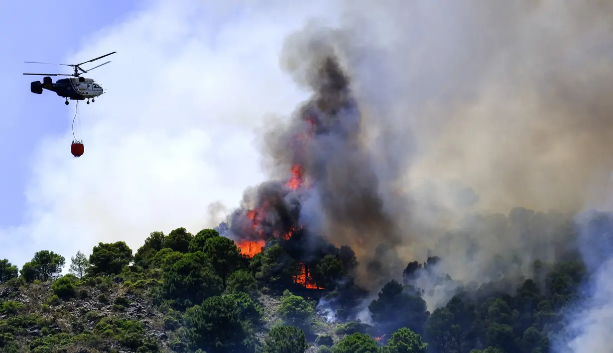 <p>Sebuah helikopter meluncurkan air saat saat api menjalar di dekat daerah perumahan, di Alhaurin de la Torre, Malaga, Spanyol, Sabtu (16/7/2022). Gelombang panas yang melanda Spanyol memicu api menyebar lebih cepat dan menghambat upaya pengendalian kebakaran. (AP Photo/Gregorio Marrero)</p>