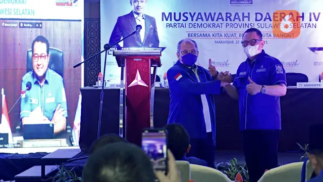 Ilham Arief Sirajuddin dan Ni'matullah saat Musda Partai Demokrat Sulsel (Liputan6.com)