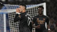 Pemain Arsenal, Gabriel Martineli merayakan gol yang dicetaknya ke gawang Brighton dalam lanjutan Liga Inggris 2022/2023, Minggu (1/1/2023) dini hari WIB. (AP Photo/Alastair Grant)