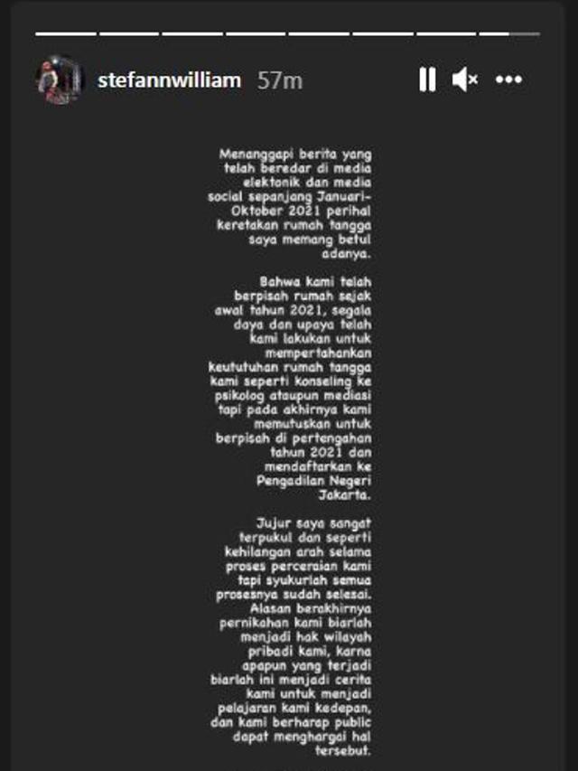 Stefan William Buka Suara soal perceraiannya