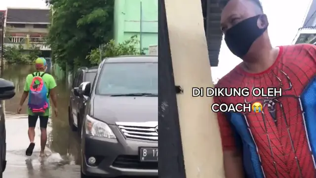 Video viral yang menunjukkan seorang pemuda unjuk kemampuannya berenang di tengah banjir.