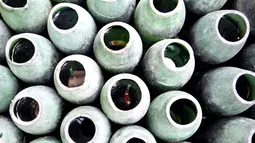 Sejumlah ikan cupang atau Siamese Fighting Fish yang dibesarkan di dalam botol plastik dan kaca di peternakan ikan hiasnya di Hanoi, Selasa (13/4/2021). Tran Ngoc Thang (53) menggunakan ribuan botol kaca dan plastik bekas untuk berternak dan mengembangbiakkan ikan cupang. (Nhac NGUYEN/AFP)