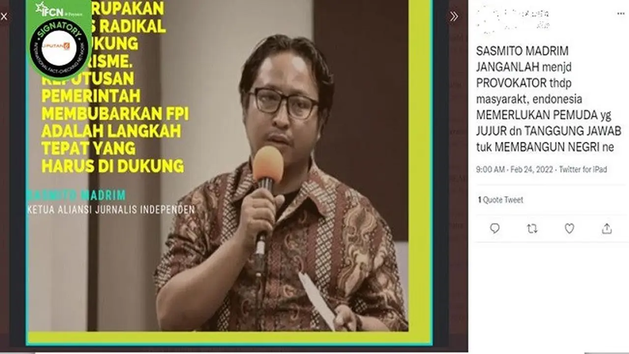Gambar Tangkapan Layar Klaim Hoaks Ketua AJI Sasmito Madrim Dukung Pemerintah Bubarkan FPI (sumber: Twitter).