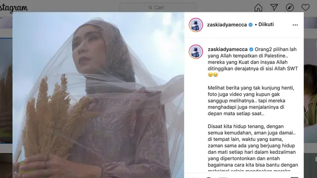 Unggahan Zaskia Adya Mecca. (Foto: Instagram @zaskiadyamecca)
