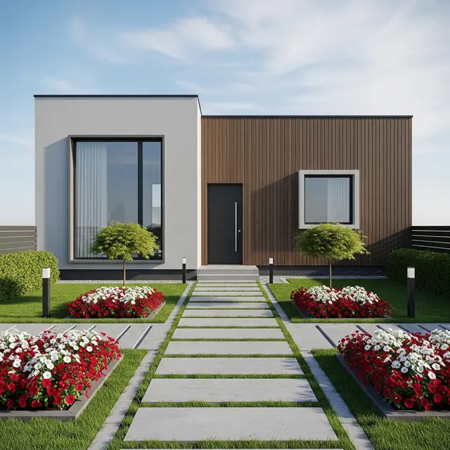 Model Rumah 6x8 dengan Fasad Modern dan Taman Depan Simetris