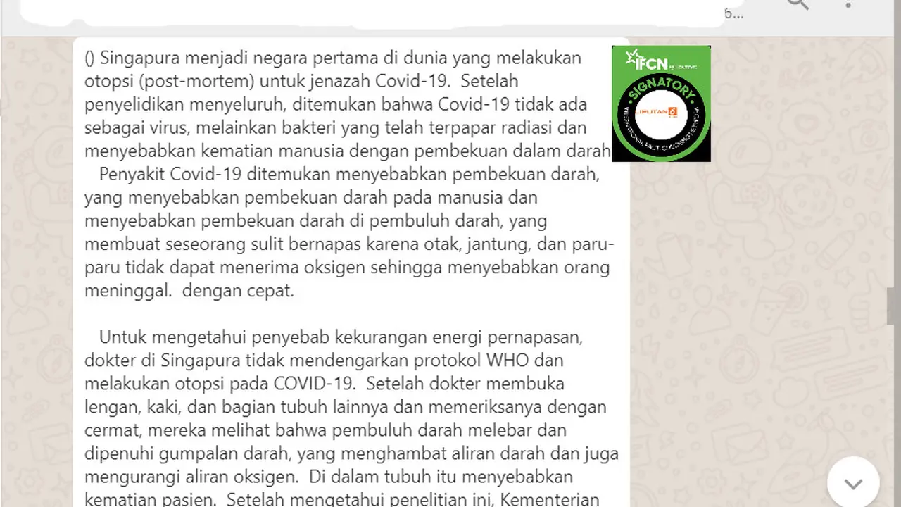 Cek Fakta Liputan6.com menelusuri klaim penemuan Singapura negara pertama outopsi jenazah Covid-19