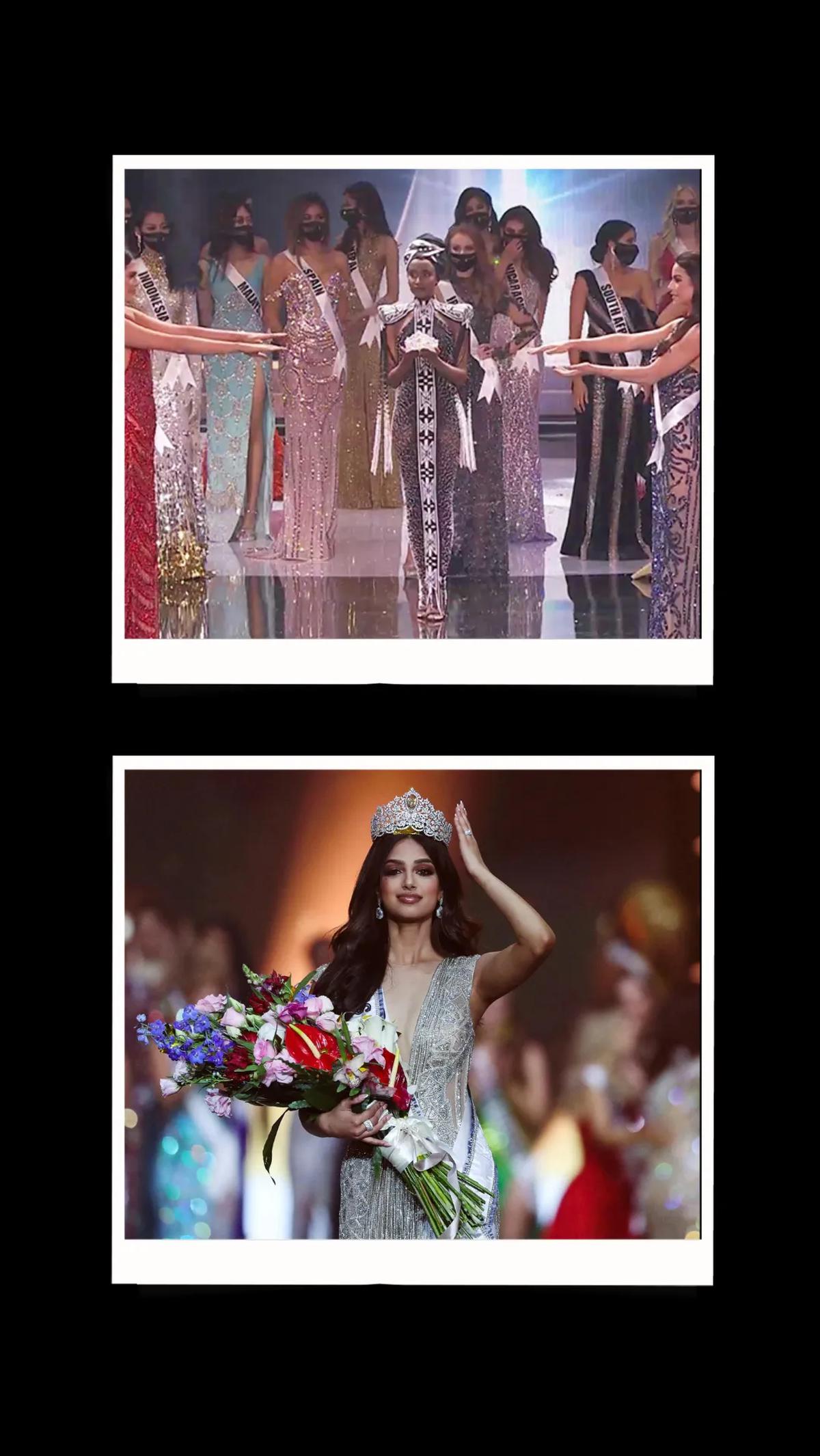 1. Para kontestan Miss Universe 2020 dengan masker sesuai protokol pencegahan COVID-19
2. Miss Universe 2021, Harnaaz Sandhu