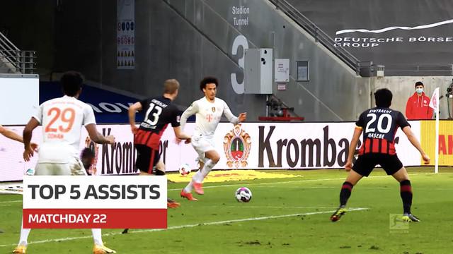 Berita video 5 assist terbaik yang terjadi pada pekan ke-22 Bundesliga 2020/2021, salah satunya yang dilakukan bintang Bayern Munchen, Leroy Sane.