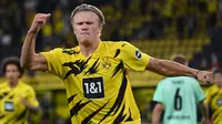 1. Erling Braut Haaland (6 gol) - Erling Haaland terus menunjukan ketajamannya bersama Borussia Dortmund di kompetisi Liga Champions musim ini. Penyerang berusia 20 tahun ini telah mengoleksi enam gol dan dipastikan akan terus bertambah. (AFP/Ina Fassbender)