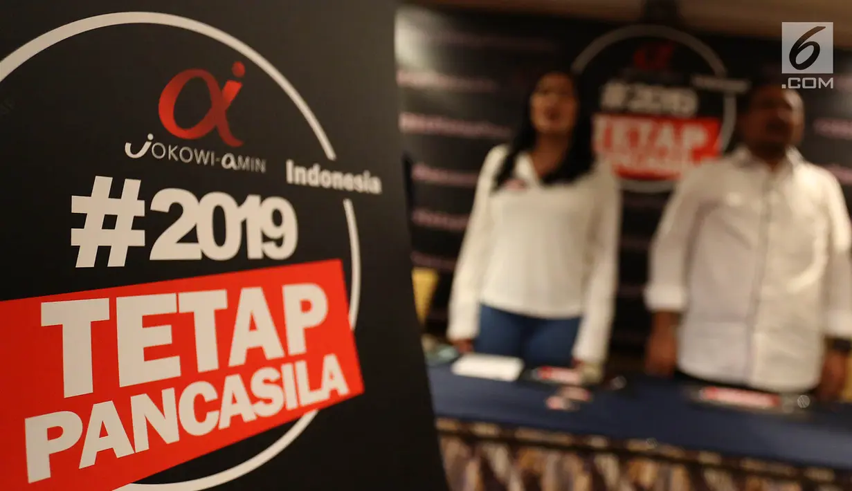 Gambar #2019TetapPancasila saat diluncurkan di Jakarta, Kamis (13/9). Tagar ini diluncurkan oleh relawan capres dan cawapres Jokowi-Ma'ruf Amin yang menamakan diri Tim Alpha. (Merdeka.com/Arie Basuki)