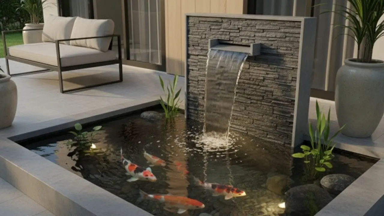 Ilustrasi Kolam Ikan Mini Air Terjun di Teras Rumah/Gemini AI