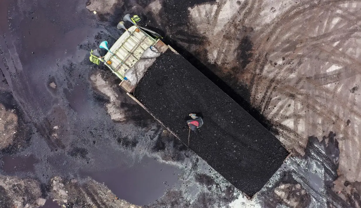 Gambar udara menunjukkan seorang pekerja berdiri di atas truk bermuatan batu bara di Pelabuhan Karya Citra Nusantara (KCN) Marunda, Jakarta, 17 Januari 2022. Indonesia melonggarkan larangan ekspor batu bara. (ADEK BERRY/AFP)