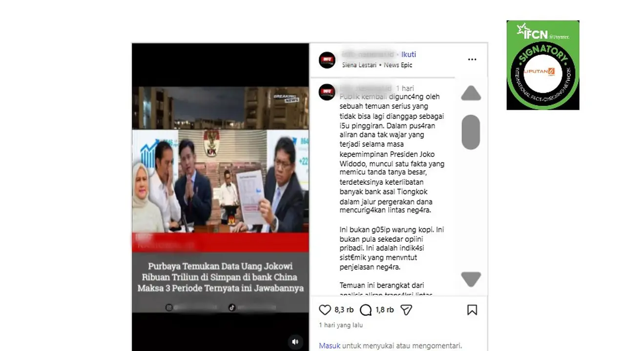 Tangkapan layar klaim video berupa tangkapan layar dengan narasi menemukan data uang Jokowi ribuan triliun di bank China yang beredar di Instagram.